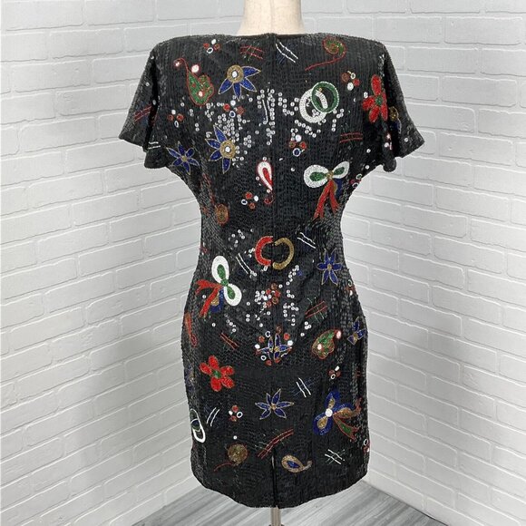 Unbranded Dress Women Medium Black Multi Floral Bow All Sequin Silk Christmas - Picture 4 of 10